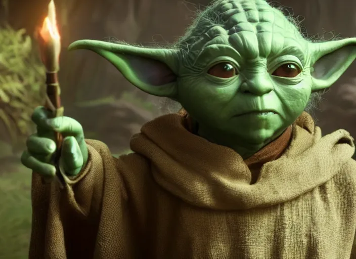 Image similar to a film still of cosplay of yoda in league of legends's arcane ( 2 0 2 1 ), 4 k