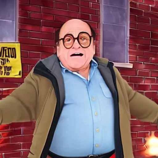 Prompt: a screenshot of Danny Devito playing an unmasked Peter Parker Spiderman in Spiderman: No Way Home