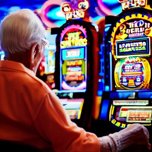 Prompt: an elderly person playing with a slot machine