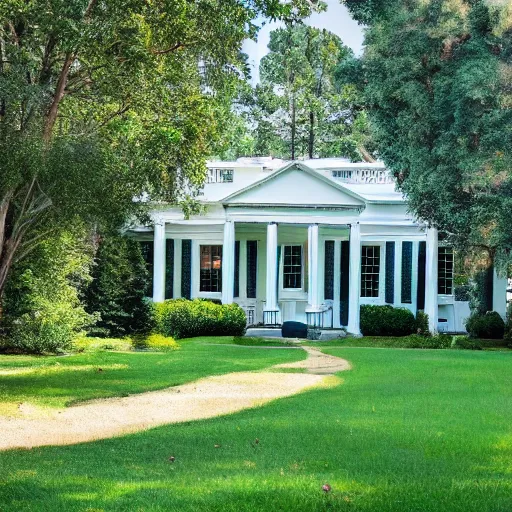 Prompt: A small white house with the long gravel driveway and lush green lawn with pine trees the backyard has lots of trees very artistic painting