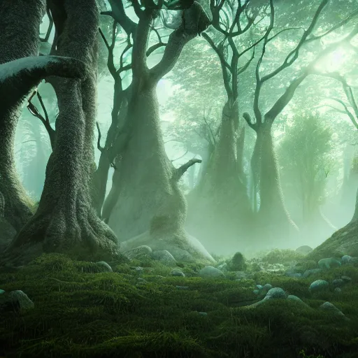 Image similar to the magical and mystical forest of vanaheim, scandinavian / norse influenced, cinematic, ray traced, octane render, cinematic lighting, ultrarealistic, featured on artstation, 8 k uhd artwork