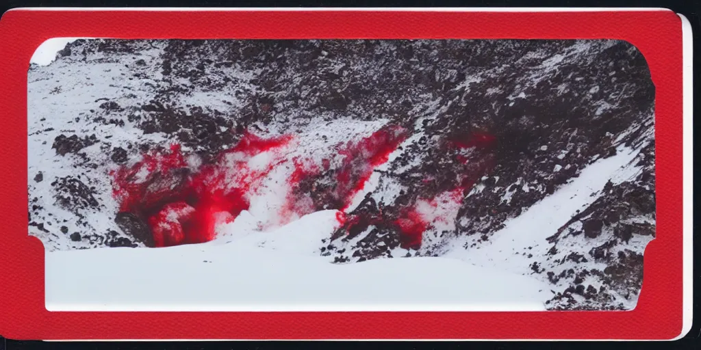 Image similar to polaroid photo of a vulcanic eruption in a snowy icy area, bright red lava, bright white snow and ice