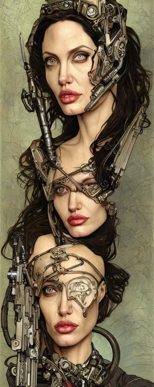 Prompt: beautiful stunning sci - fi art nouveau portrait of angelina jolie as an ironpunk rebel soldier by travis charest, moebius and alphonse mucha, photorealism, extremely hyperdetailed, perfect symmetrical facial features, perfect anatomy, ornate declotage, weapons, circuitry, high technical detail, determined expression, piercing gaze