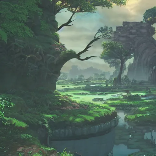 Image similar to mythical glowing ruins, beautiful ancient trees, hiding large treasure chest, serene evening atmosphere, soft lens, soft light, cel - shading, animation, in the style of cgsociety, deviantart, artstation, zbrush, cinema 4 d, studio ghibli, akihiko yoshida, atelier lulua, masamune shirow