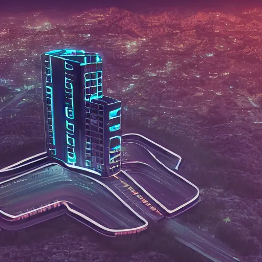 Prompt: An aerial photograph of a building shaped like a music note. The building is on top of a misty hill, synthwave style, octane render, unreal engine, 4K, digital art