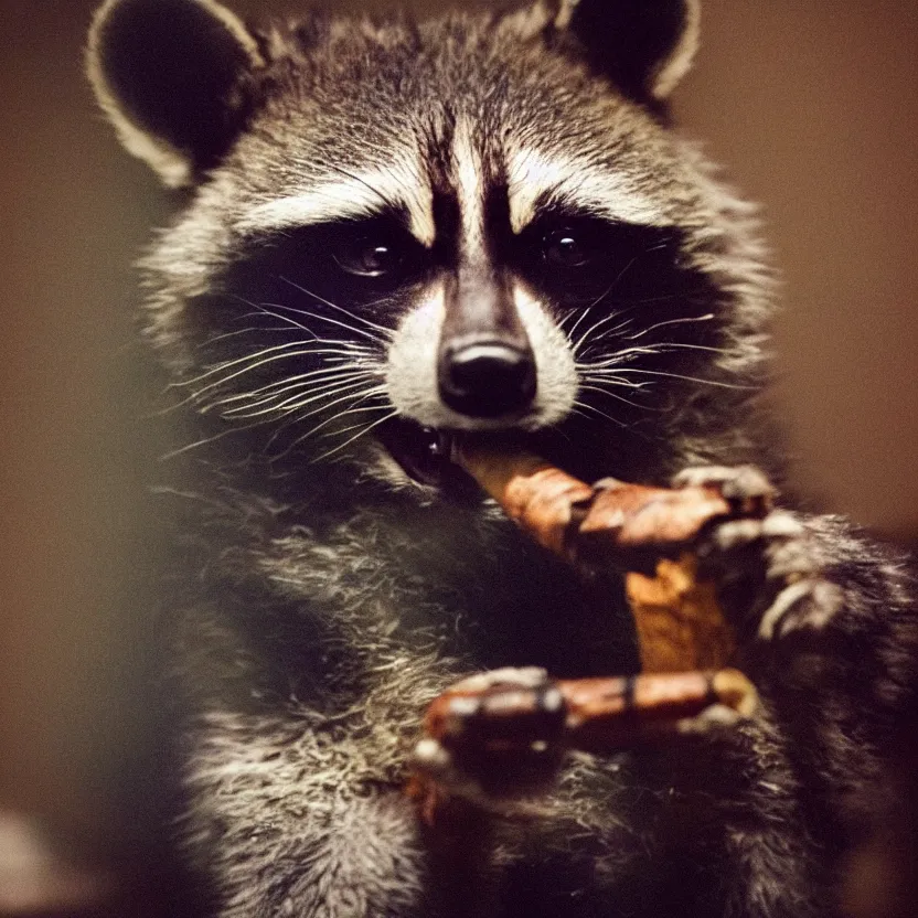Image similar to close up photo of rocket raccoon solemnly smoking a cigar in a dark room, soft focus, shallow depth of field, smooth dreamy autochrome, dim lighting, somber solitary melancholy, silent contemplative atmosphere, 8k masterpiece