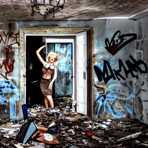 Prompt: marlin monroe inside a derelict house, graffiti, trash, mystery, flashlight,