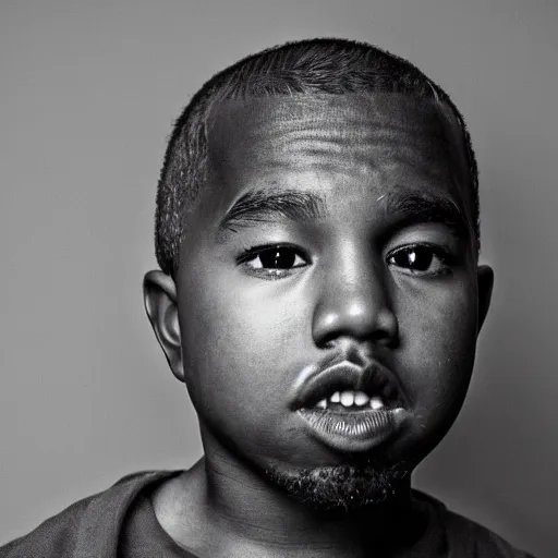 Image similar to the face of young kanye west wearing yeezy clothing at 1 2. 5 years old, black and white portrait by julia cameron, chiaroscuro lighting, shallow depth of field, 8 0 mm, f 1. 8