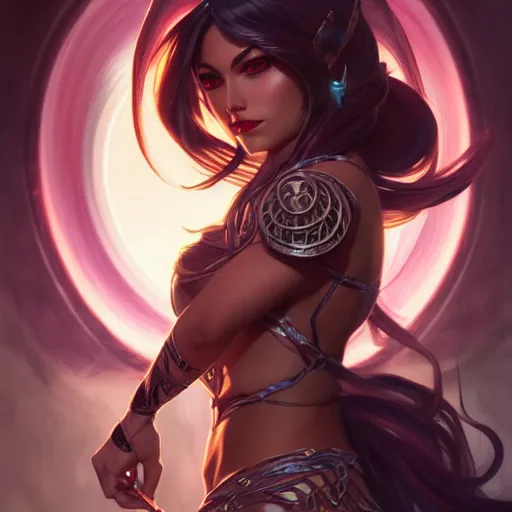 Image similar to akali of league of legends as a fantasy magic woman portrait, sci - fi, amber eyes, face, long hair, fantasy, intricate, elegant, highly detailed, digital painting, artstation, concept art, smooth, sharp focus, illustration, art by artgerm and greg rutkowski and alphonse mucha