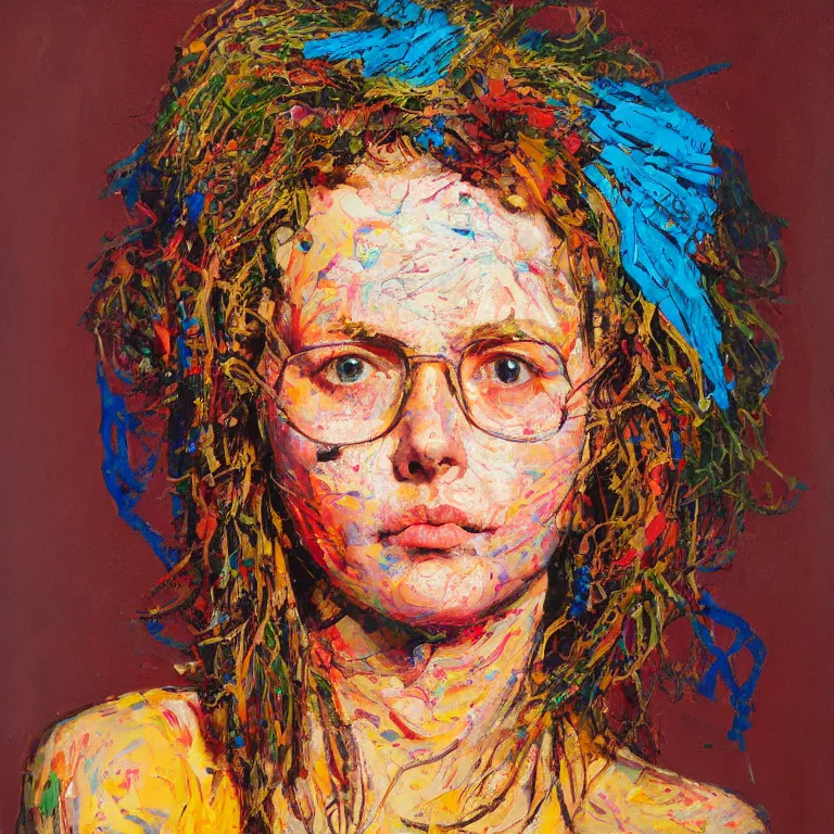 Prompt: close up studio portrait of lovely hippy chick symmetrical face with her hair in a patterned bandana in 1972, impasto heavy brushstrokes oil painting by Norman Rockwell and Tim Hawkinson and Cy Twombly, Intense colors trending on artstation dramatic lighting Expressionism