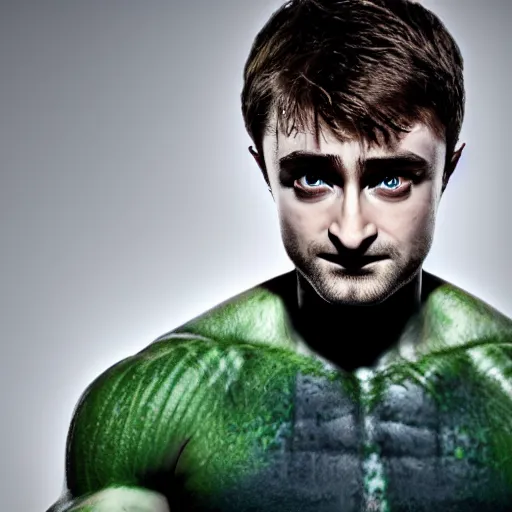 Prompt: daniel radcliffe as hulk, photo from a promo shoot, studio lighting, black background