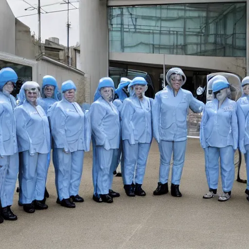 Prompt: troop of 1 2 0 - year - old grannies with white bob hairdos, tight light blue neopren pilot suits, futuristic cloning facility, sci - fi, highly detailed, cinematic