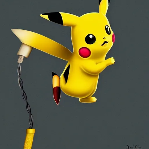Prompt: close up of pikachu with an electrical cable and plug instead of his tail, cinematographic shot, by daniel f. gerhartz