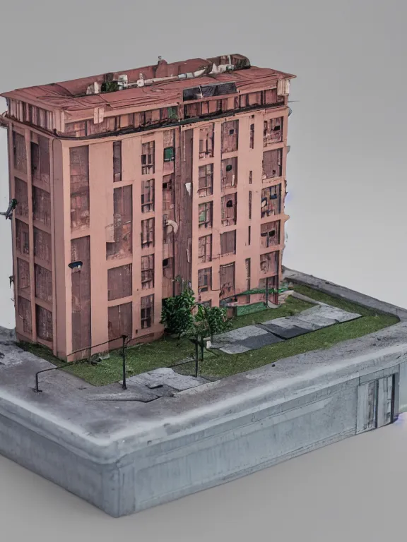 Image similar to a soviet apartment building, miniature, diorama , isometric, 3d render, studio lighting, soft light, 80mm, cheap plastic material, one object