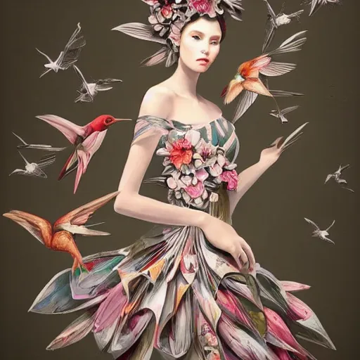 Image similar to full length fashion illustration of a beautiful girl wearing an origami dress, eye - level medium shot, fine floral ornaments in cloth and hair, hummingbirds, elegant, by eiko ishioka, givenchy, by peter mohrbacher, centered, fresh colors, origami, fashion, detailed, serene, dreamy, vogue, japanese, reallusion character creator