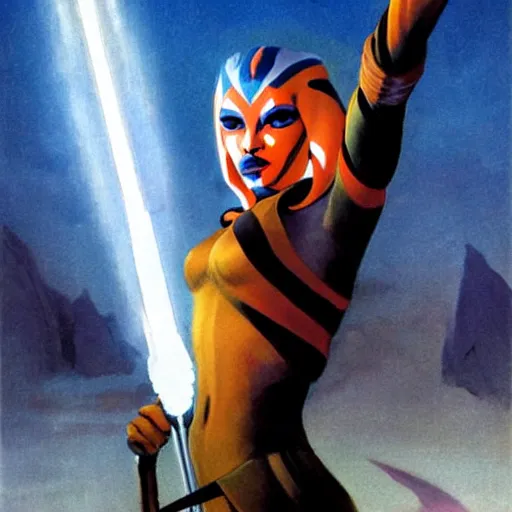 Image similar to Ahsoka with light by frank Frazetta