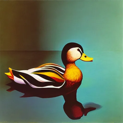 Prompt: a duck on the prowl oil painting cindy sherman
