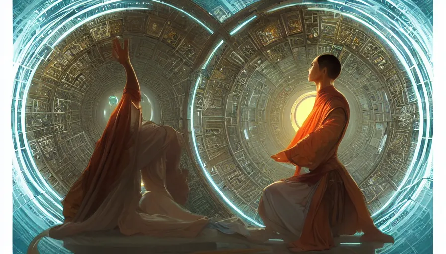 Image similar to a religious scifi room, monk doing tai chi on a floating circular platform in the center, symmetrical shot, center framing, elegant, cinematic shot, intricate digital painting artstation concept art smooth sharp focus illustration, art by artgerm and greg rutkowski and alphonse mucha