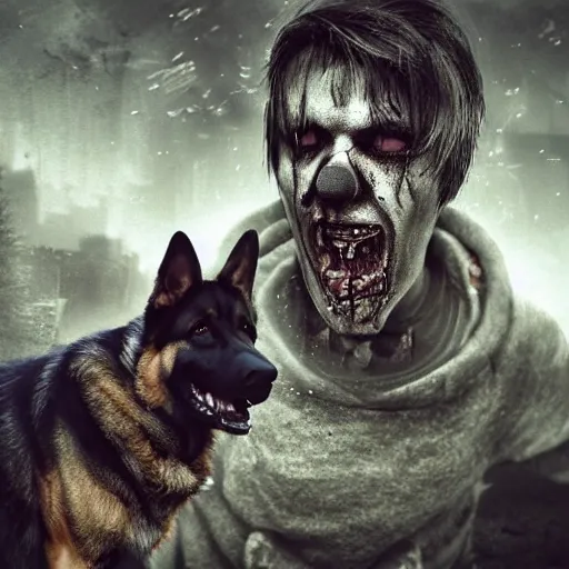 Image similar to dog - walker with german shepherd as angry zombie in a city park, full body portrait, horror core, apocalyptic, sharp focus, fiction, hyper detailed, digital art, trending in artstation, cinematic lighting, studio quality, smooth render, unreal engine 5 rendered, octane rendered, art style and nixeu and wlop and krenz cushart