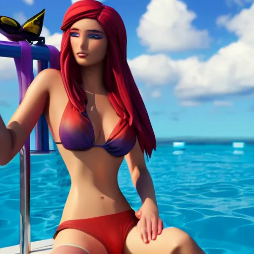 Prompt: pool party Caitlyn (League of Legends) starting into the caribbean horizon . 3d octane render 4k