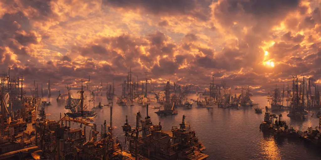 Image similar to a cinematic frame of a steampunk harbor at sunset, beautiful clouds in the sky, gold and copper color scheme hyperdetailed, 8 k