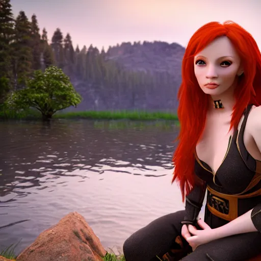 Prompt: beautiful female redhead elf warrior sitting next to a beautiful lake at dawn, enjoying the wind, 8k ultra realistic, award winning, unreal engine 5, masterpiece, atmosphere glow, hyperrealistic, focused, extreme details, cinematic