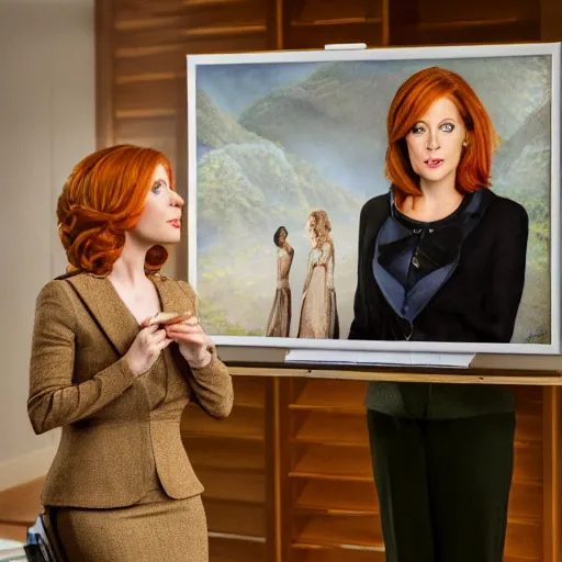 Image similar to stunning portrait painting of news anchorwoman liz claman reporting from rivendell interviewing arwen, lord of the rings movie, by daniella zalcman, directed by peter jackson, highly detailed, canon eos r 3, f / 1. 4, iso 2 0 0, 1 / 1 6 0 s, 8 k, raw, symmetrical balance