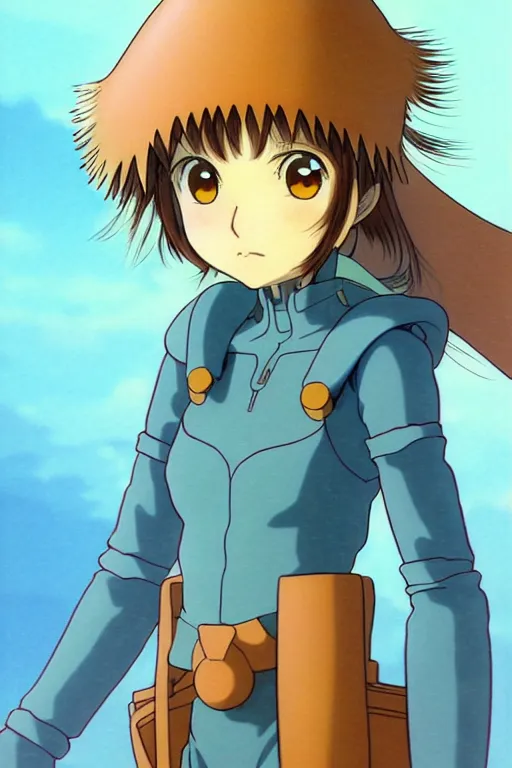 Image similar to anime art full body portrait character nausicaa by hayao miyazaki concept art, anime key visual of elegant young female, short brown hair and large eyes, finely detailed perfect face delicate features directed gaze, sunset in a valley, trending on pixiv fanbox, studio ghibli, extremely high quality artwork by kushart krenz cute sparkling eyes