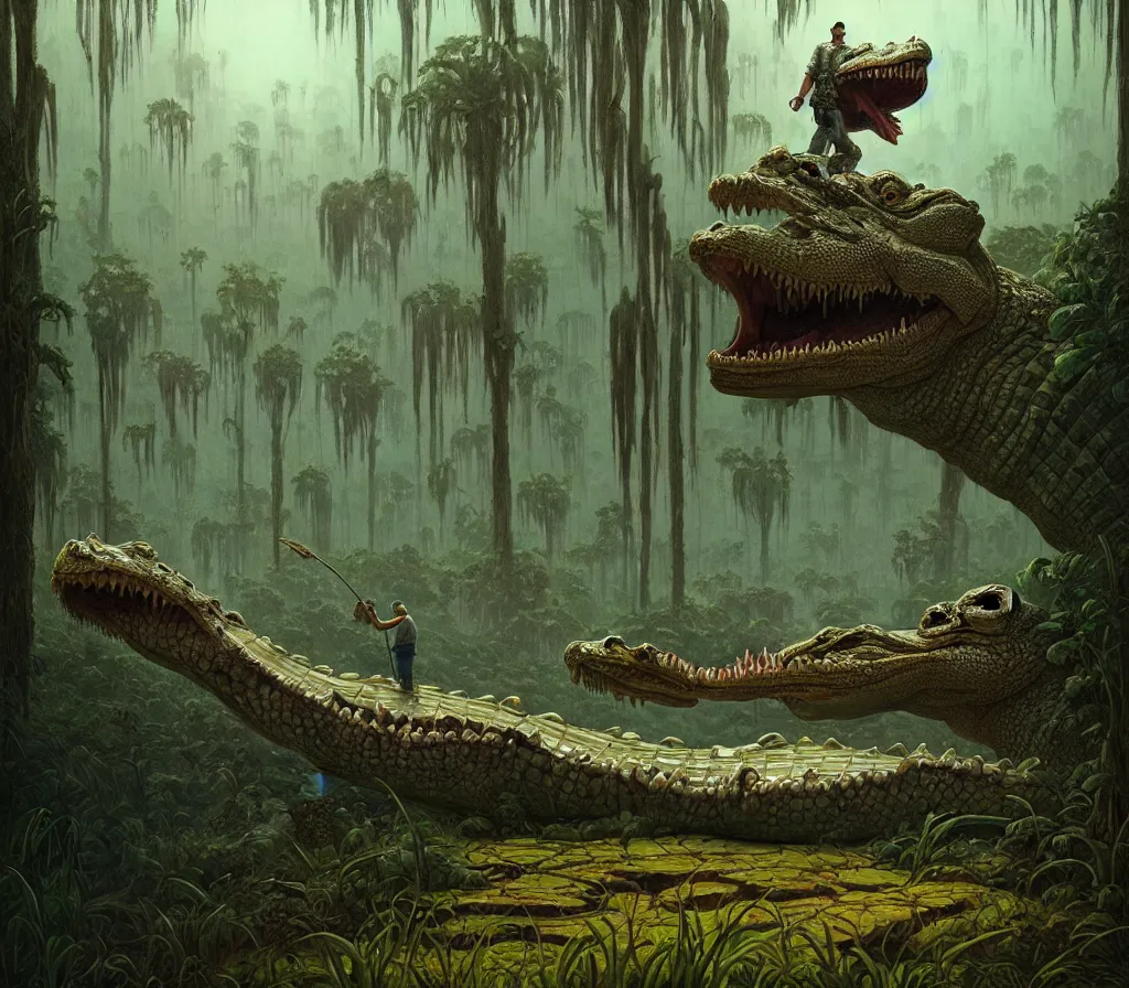 Image similar to a man with the head of an alligator, intricate, detailed, volumetric lighting, sharp focus, scenery, photorealism, digital painting, highly detailed, concept art, by roger dean and simon stalenhag and mark brooks