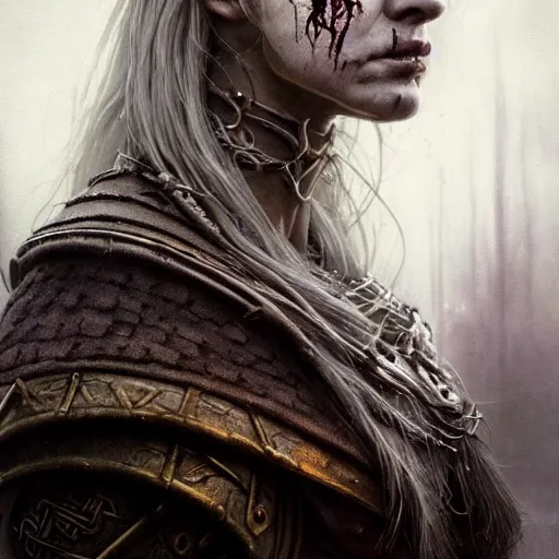 Image similar to Official photo of a majestic fierce viking woman, leader, ethereal, fear, scarred, highly detailed, viking attire, cinematic, 16k, 1080s, by Stanley Artgermm, Tom Bagshaw, Greg Rutkowski, Vincent di Fate, Carne Griffiths, Ayami Kojima, WLOP, trending on DeviantArt, hyper detailed, full of color, digital art,