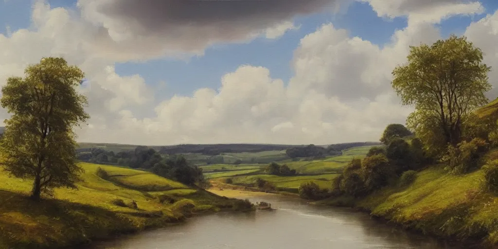 Prompt: a beautiful landscape painting of a yorkshire countryside valley with a river, oil on canvas, highly detailed, hd, 4 k