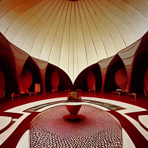 Prompt: interior of an art deco lotus temple with gold, red and white marble panels, in the desert, by buckminster fuller and syd mead, intricate contemporary architecture, photo journalism, photography, cinematic, national geographic photoshoot