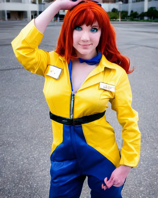 Image similar to Beautiful close highly detailed portrait of an April O'neil from TMNT cosplayer in her iconic signature main 1987 Yellow news reporter jumpsuit outfit. Award-winning photography. XF IQ4, 150MP, 50mm, f/1.4, ISO 200, 1/160s, natural light, rule of thirds, symmetrical balance, depth layering, polarizing filter, Sense of Depth, AI enhanced
