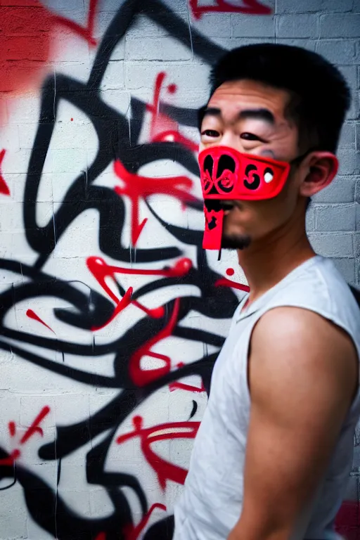 Prompt: asian guy with oni mask stand in front of wall with full of graffiti tag and mural, photorealistic, smooth, 4 k, aesthetic lighting, baroque object, facial features, hyperdetailed, professional photography, pullitzer winning, photo by : canon eos 5 d mark iv, by karah mew and adnan abidi and jodie bateman