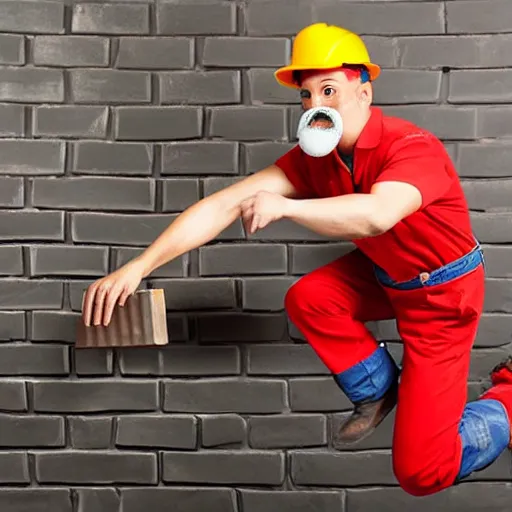 Prompt: plumber with a mustache, red overalls, jumping to hit a brick cube floating above the ground