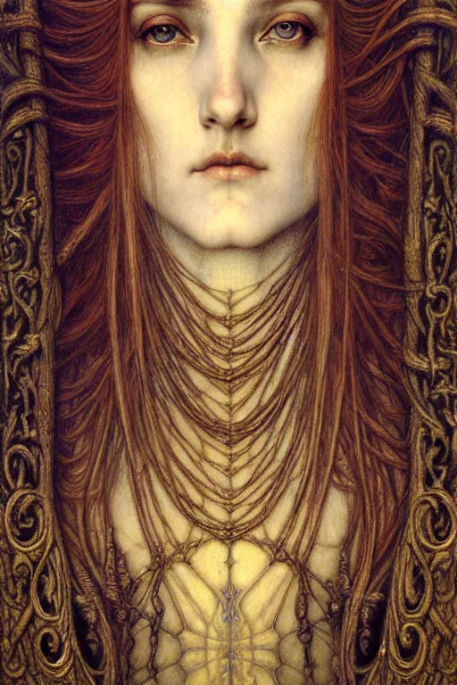 Image similar to detailed realistic beautiful young medieval queen face portrait by jean delville, gustave dore and marco mazzoni, art nouveau, symbolist, visionary, gothic, pre - raphaelite. horizontal symmetry