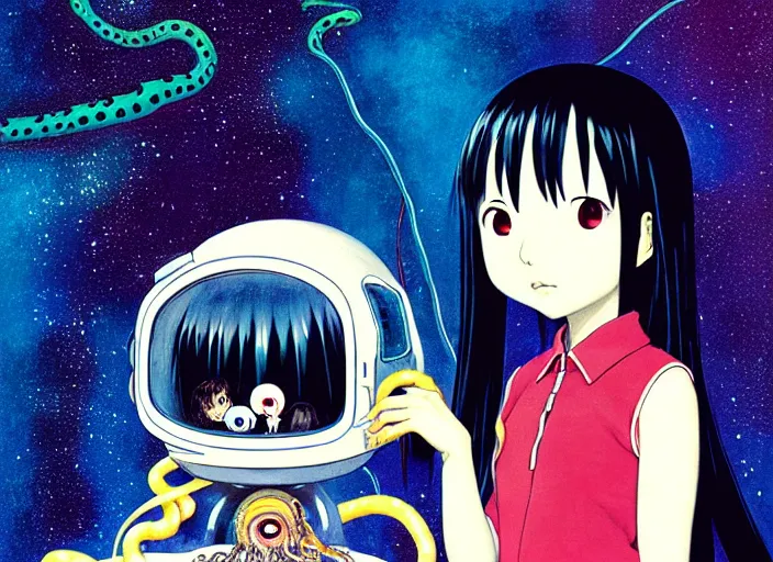 Prompt: portrait of Sadako with big eyes, astronaut girl fighting a squid tentacle on her space helmet, ilya kuvshinov, Kyoto animation, concept art, yoshitoshi abe, katsura masakazu,tsutomu nihei, gustav klimt, loish, kawaii, studio lighting, manga, bright colors, anime,beautiful, 35mm lens,noir, vibrant high contrast, gradation, jean giraud, moebius, fantasy, rule of thirds, fibonacci, intricate, cel shaded, flat, matte print, smooth,artstation, soft eyes,concept art