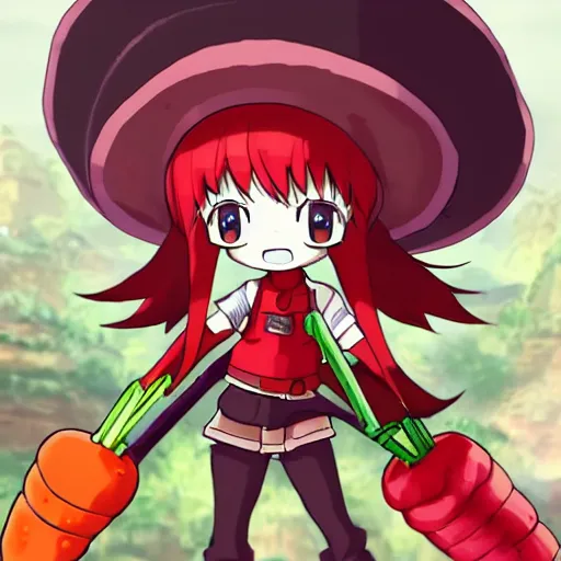 Image similar to cute android with big tomato hat and a carrot sword, made in abyss style