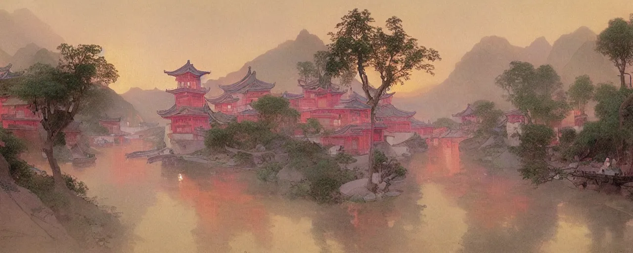 Image similar to a beautiful painting of an ancient chinese town nearby a small river in the evening by alfons maria mucha and ivan aivazovsky, ultra detailed, volumetric lighting, pink vibe