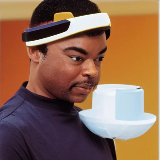 Image similar to Geordi LaForge wearing visor and a colander and random kitchen tools on his head