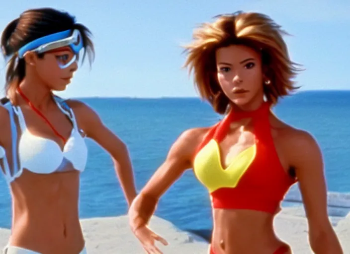 Image similar to a film still of a waman called tracer from overwatch in baywatch ( 1 9 8 9 )