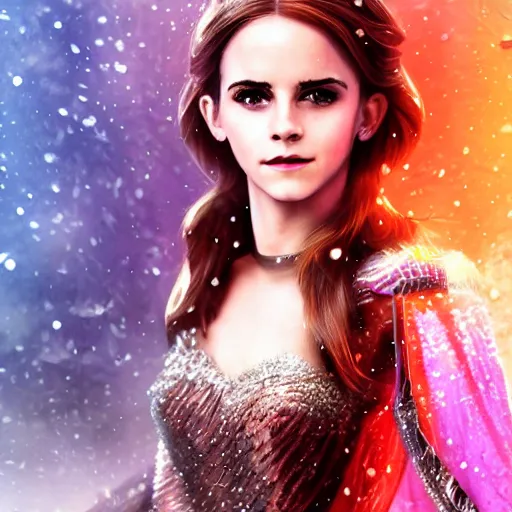 Prompt: Portrait shot of Emma Watson as the Queen of Ice, Ice crystal armor, snow falling, concept art, 4k, digital art, trending on art station, hd, doll, colorful backdrop, 3d anime