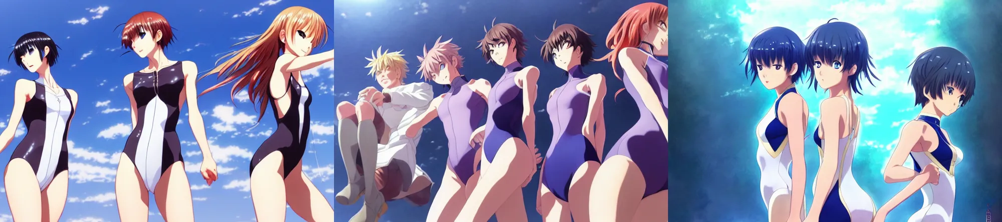 Prompt: beautiful, perfect, epic 8 k hd anime shot, posing together in leotards. by yoshiyuki sadamoto, amagaitaro, makoto shinkai, krenz cushart, asao urata, pixiv