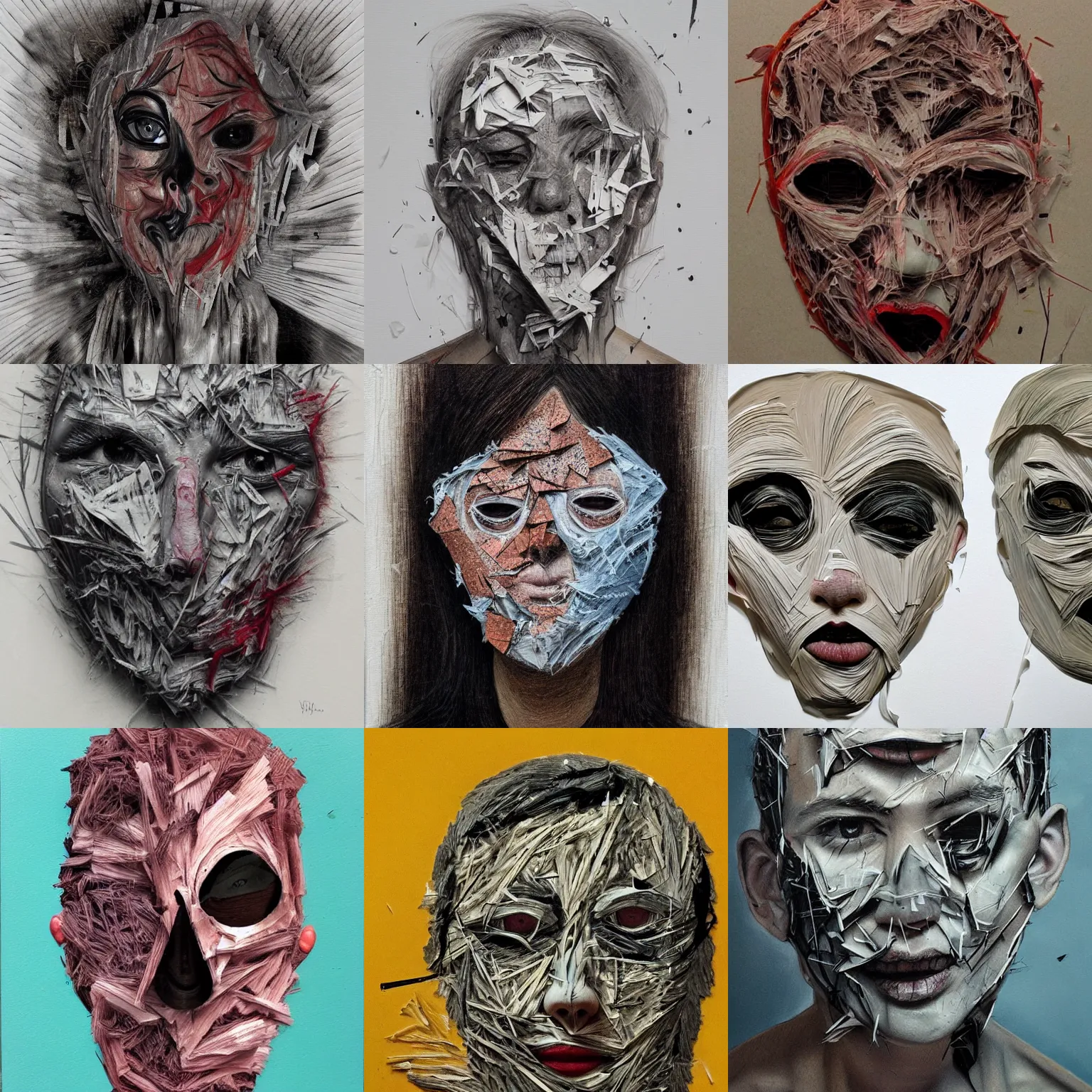 Prompt: faces shredded like paper masks, horror, surreal, drawing, painting, oil painting