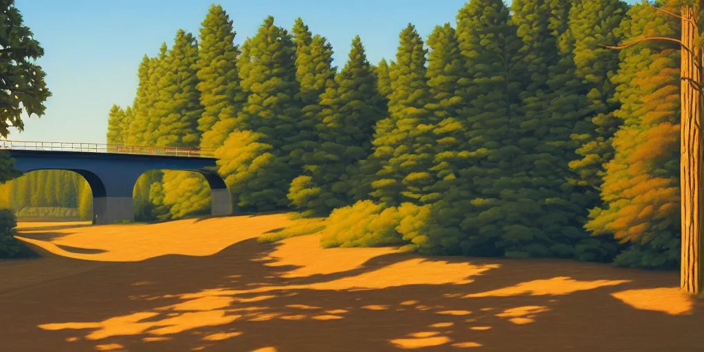 Prompt: tall bridge for trains, in the forest, blue sky, summer evening, kenton nelson