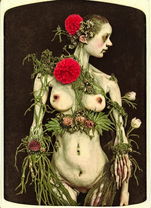 Image similar to beautiful and detailed rotten woman made of plants and many types of stylized flowers like carnation, chrysanthemum, roses and tulips, ornamentation, rococo, intricate, surreal, john constable, guy denning, gustave courbet, caravaggio, romero ressendi 1 9 1 0 polaroid photo