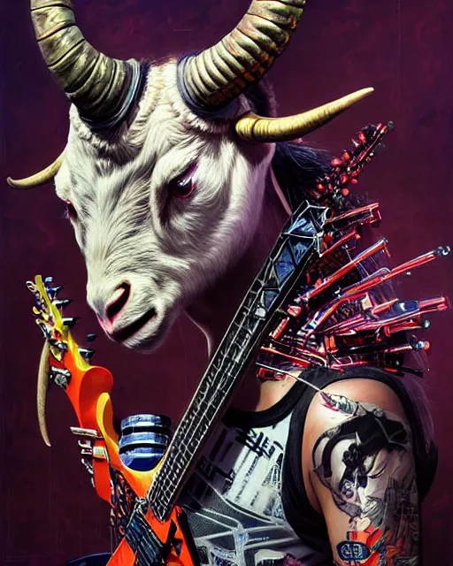 Image similar to a portrait of an anthropomorphic cyberpunk horned goat shredding an electric guitar by sandra chevrier, by jon foster, detailed render, epic composition, cybernetics, 4 k realistic, cryengine, realistic shaded lighting, sharp focus, masterpiece, by enki bilal