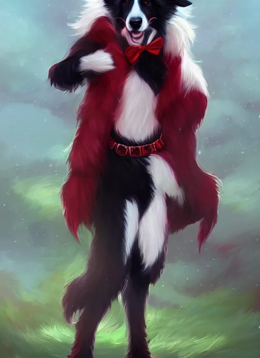 Image similar to full body digital painting of a cute male anthropomorphic border collie fursona wearing a red collar and standing outside, furaffinity, intricate, elegant, beautiful, fantasy, highly detailed, trending on artstation, art by charlie bowater and henry asencio and and ross tran