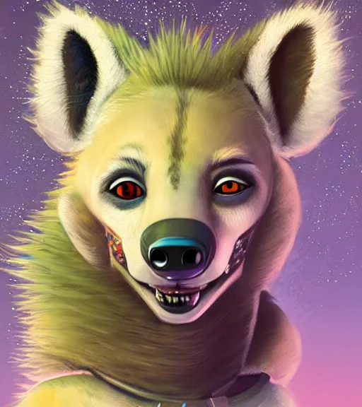 Image similar to digital artwork of furry female hyena, in style of zootopia, fursona, furry, furaffinity, deviantart, wearing astronaut outfit, floating in space, space background, cyberpunk, detailed face, style of artgerm,