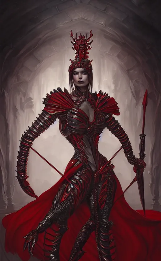 Prompt: Gothic crustacean muscular warrior queen in red and white chitin armor of thick steel plates, fantasy, highly detailed, digital painting, artstation, concept art, smooth, sharp focus, illustration, art by artgerm and greg rutkowski and alphonse mucha